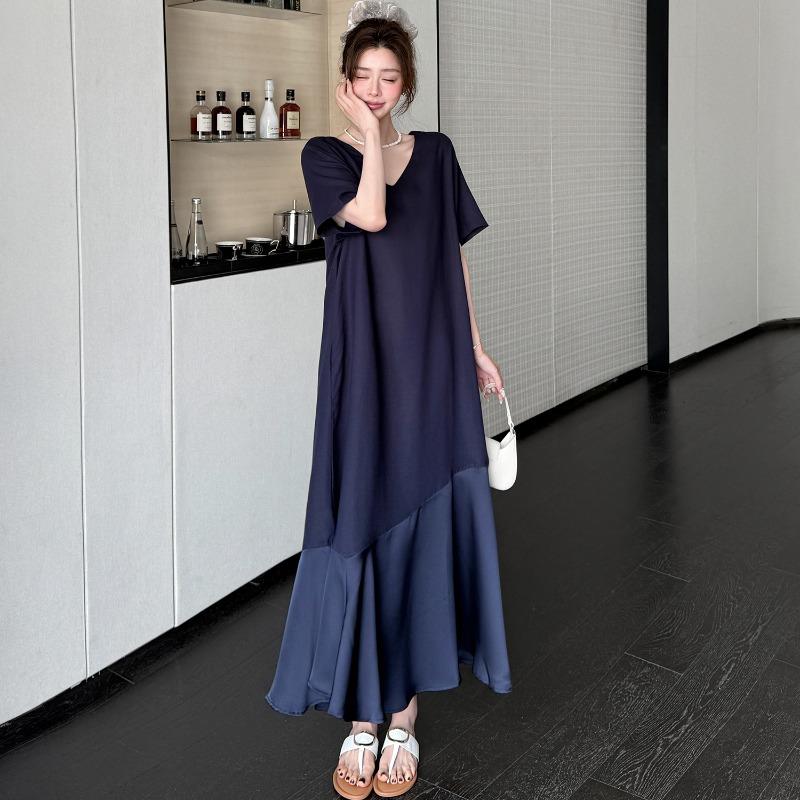 DIMANAF 2026 Summer New Plus Size Women V-Neck Short Sleeve Solid Maxi Long Dress Shirt Dress Lady Fashion