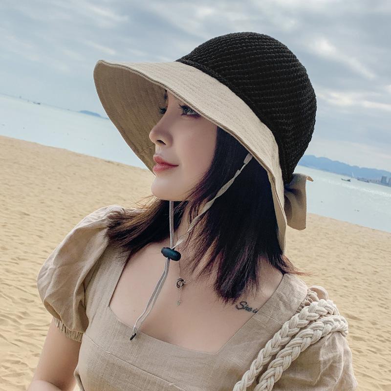 Sun hat large brim sun protection bucket hat foldable hollow splicing bow straw hat seaside vacation sun hat