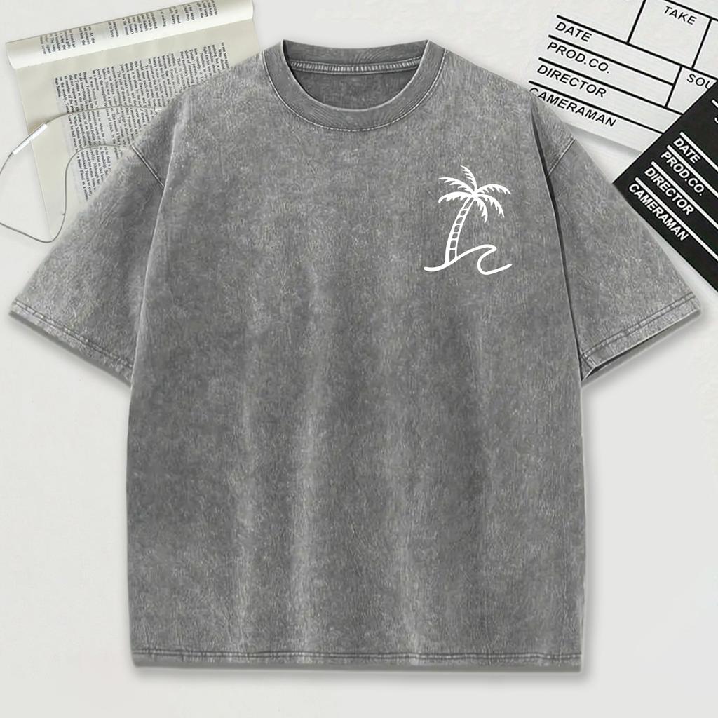 Simplified Coconut Tree Print Snow Wash Men Tee Shirts Summer Breathable O-Neck T Shirt Soft Washed Clothes Short Sleeve