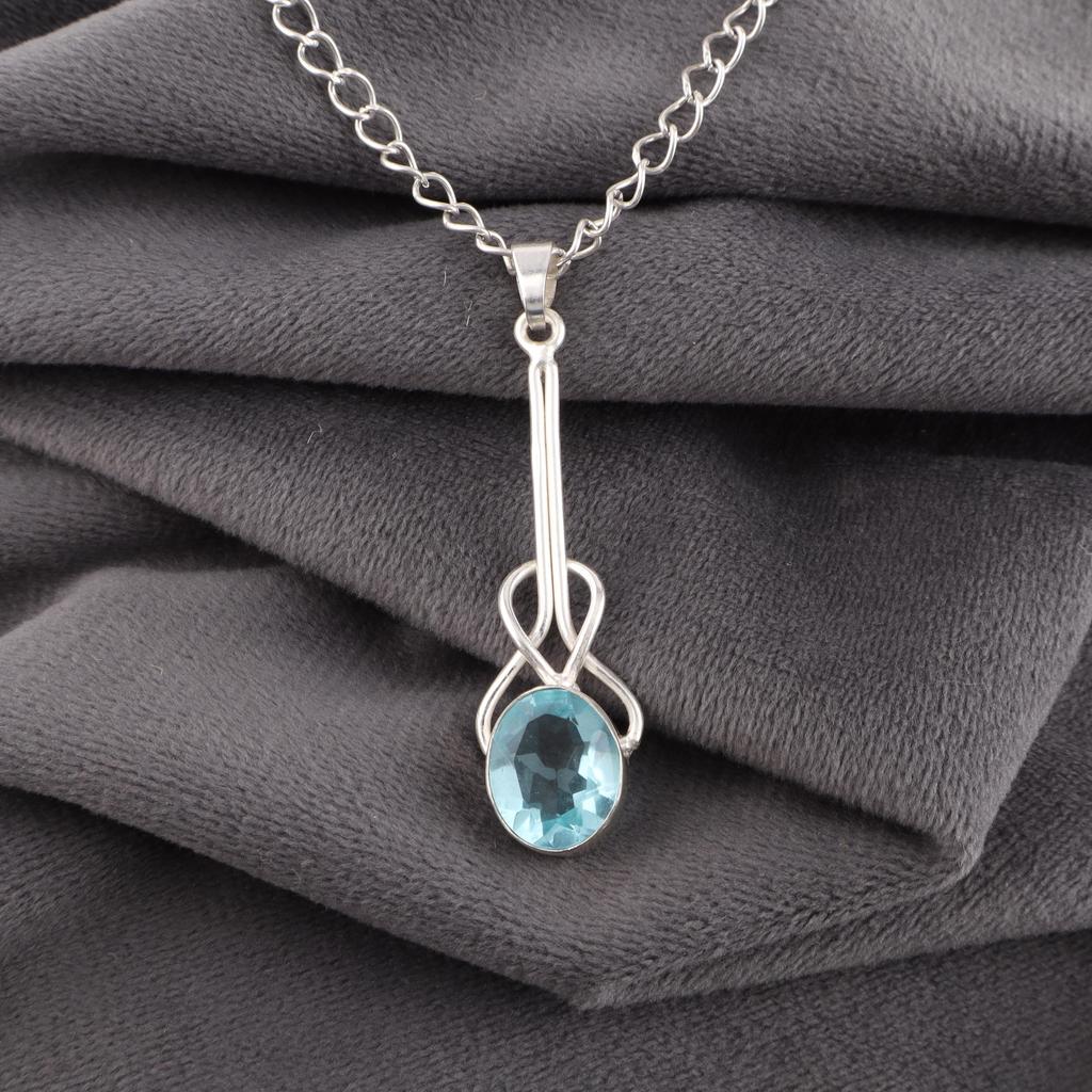 Himmelblauer Topas Edelsteinanhänger, Handgefertigter Wunderschöner Schmuck, 925 Massiv Sterling Silber Kunsthandwerksschmuck, Anhänger für Hochzeitsgeschenk