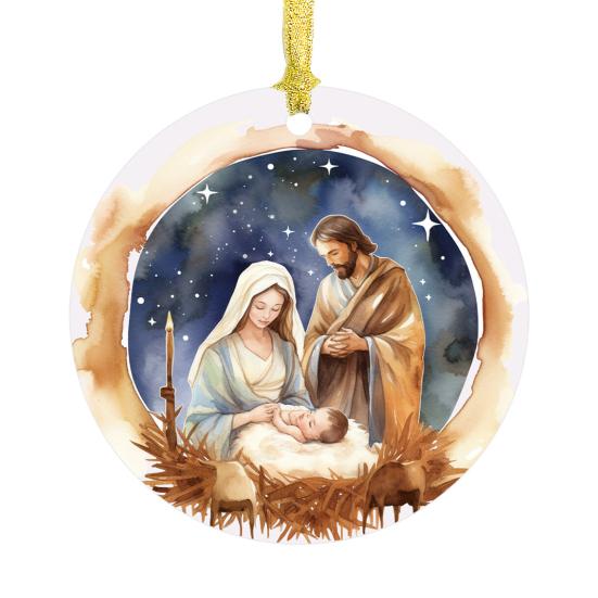 Nativity Night Ornament Round Acrylic Birth of Jesus Christ Hanging Decoration Religious Themed Christmas Keepsake for Winter Xmas Tree Decor
