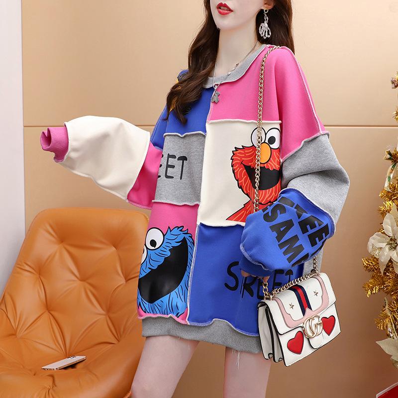 Spring Autumn Loose Casual Printing Patchwork Sweatshirt Women Round Neck Fashion All-match Pullover Top
