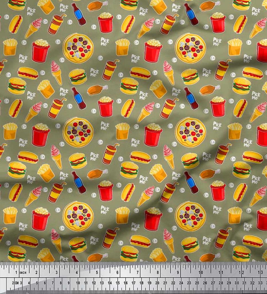 Soimoi Japan Crepe Satin Fabric Cold Drink,Pizza & Burger Food Printed Fabric 1 metre 42 Inch