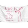 Pink Bow Flag Christian Tapestry 3×5 FT Banner God Is Within Her She Will Not Fall Bible Verse Wall Blanket Decor (Pink Coquette Bow)