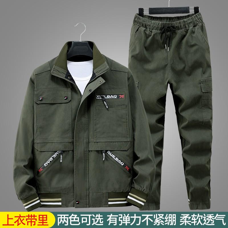 Mens Military Green Workwear Set With Double-Layer Top Elastic Waist Multiple Pockets Cotton Blend Mechanics Outdoor