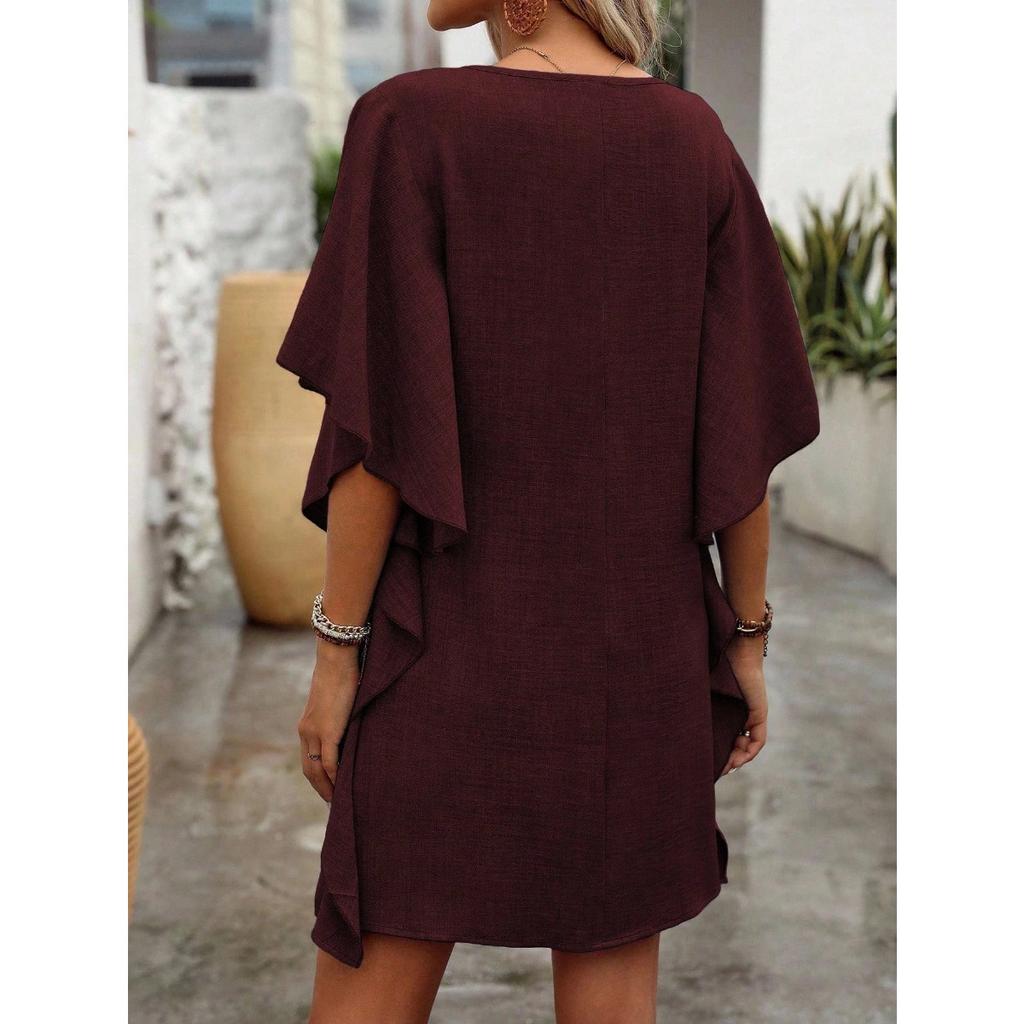 New Solid Color V-neck Ruffle Sleeve Loose Straight Casual Dress for Women, European & American Style Crossbody Dress