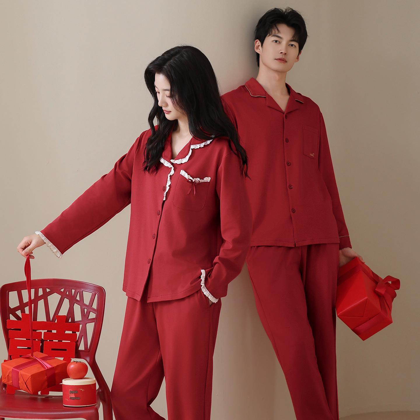 

Красная пижама для свадебной пары: Хлопковый Кардиган с Длинным Рукавом для Мужчин и Женщин - Праздничная Одежда для Дома Года Крысы, Идеально для Весны и Осени Women s M (suggested 80-100 jin) вино красного