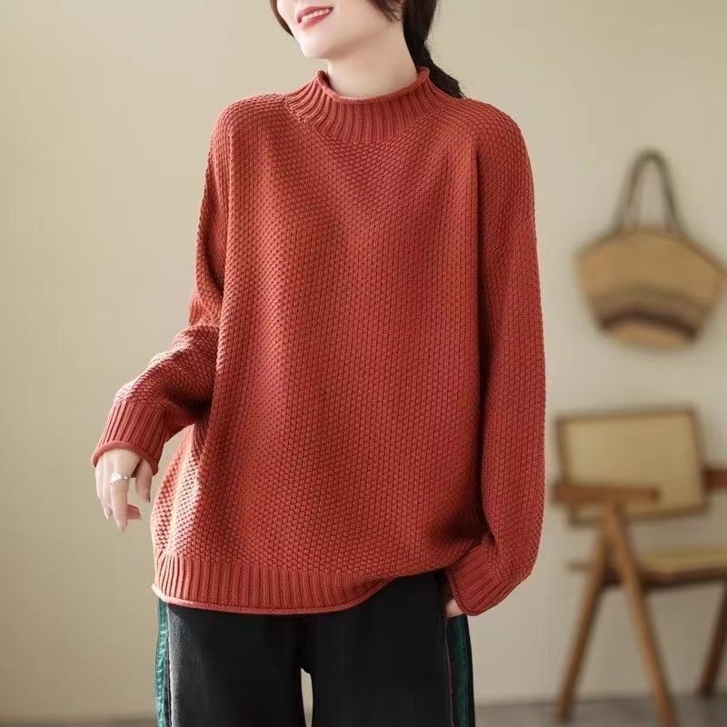 Women's Loose Stand Collar Sweater Autumn Winter Vintage Soft Skin-Friendly Solid Color Sweater