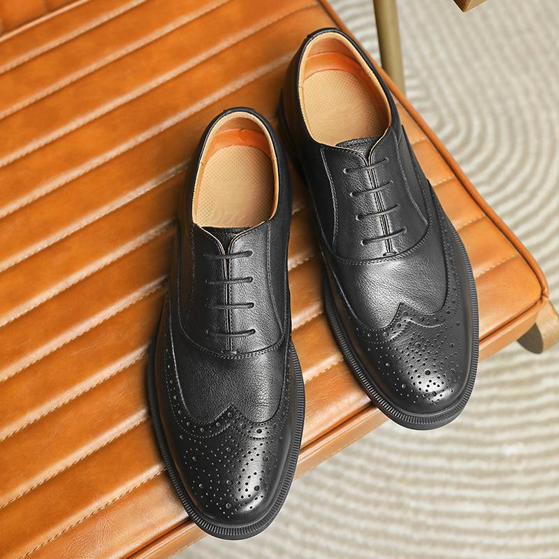Desai Round Head Block Carved Men'S Casual Leather Shoes First Layer Cowhide Business Dress Wedding Shoes