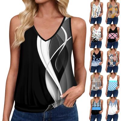 Tank Tops For Women Loose Fit Sleeveless V Neck Retro Printed T-Shirt Ladies Casual Summer Blouses