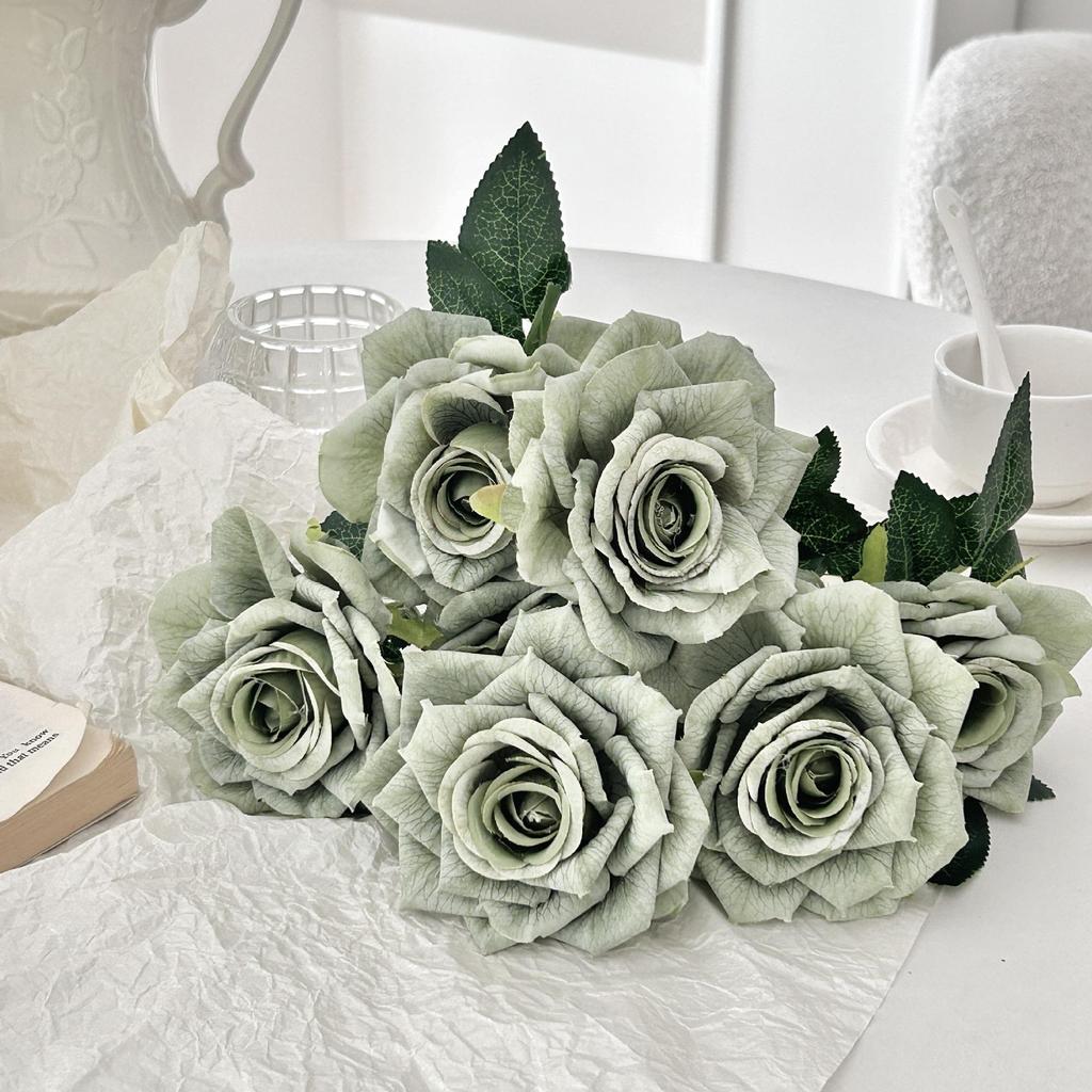 7-Head Ruffled Cappuccino Rose Bouquet - Vintage Artificial Flowers for Home or Wedding Decor