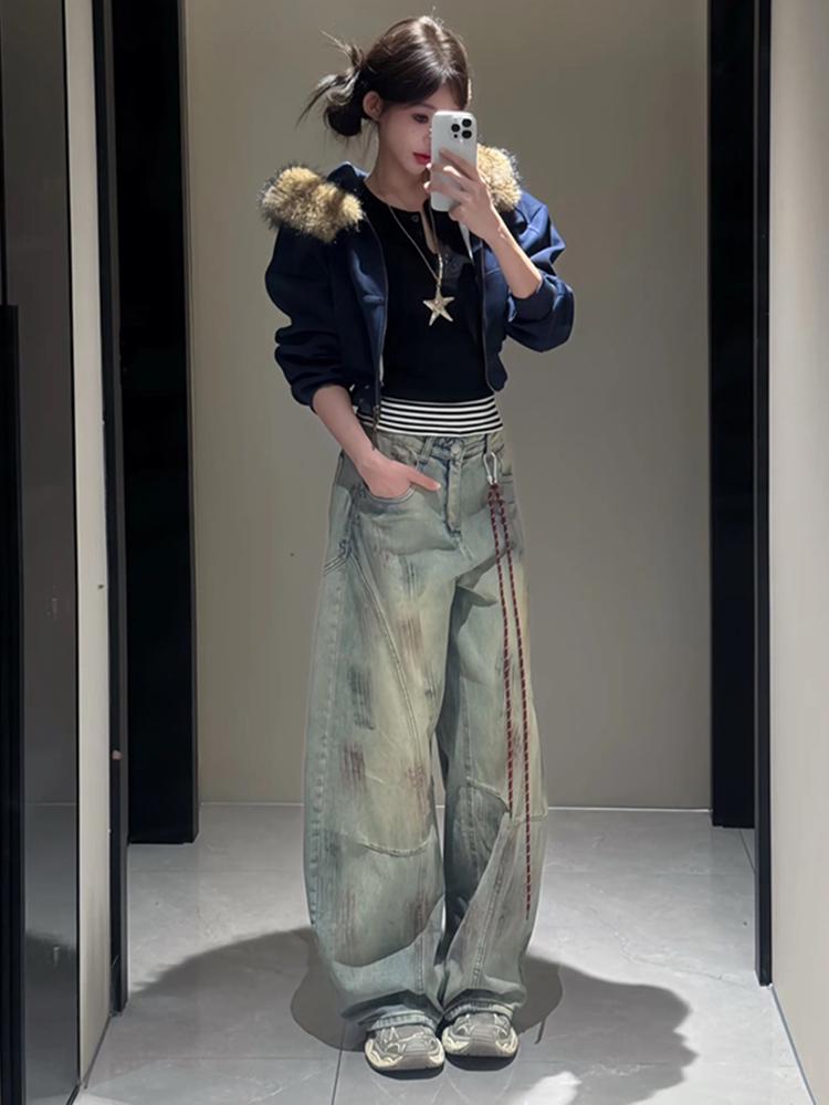 Women s High Waist Tie-Dye Wide Leg Retro Scythe Jeans 3XL