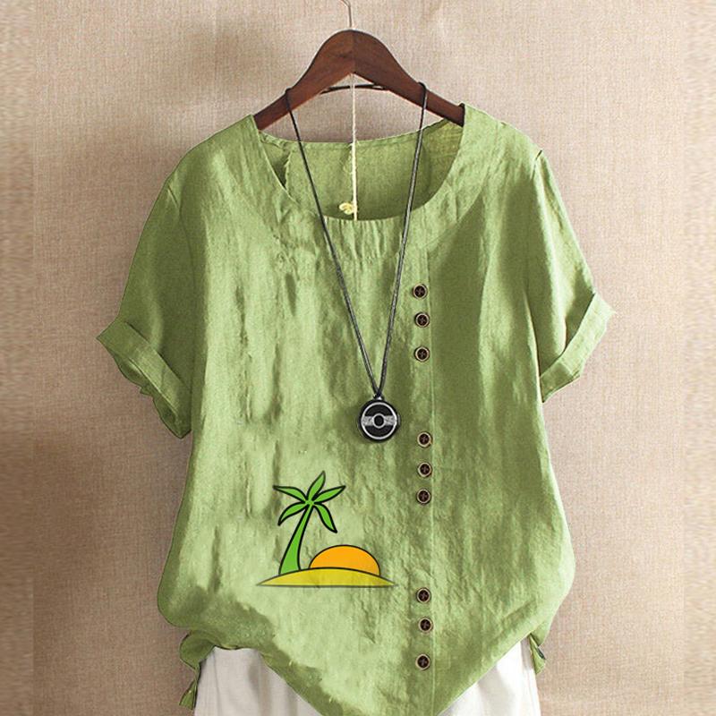 Women's Fashion Setting Sun Prined Short Sleeve T-shirt Loose Cotton Shirt Casual Loose Summer Blouse Tops Plus Size