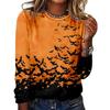 Women's Halloween 3D Printed Pumpkin Face Bat Long Sleeve Shirt Autumn Loose Casual Polyester Round Neck Fashion Casual Top