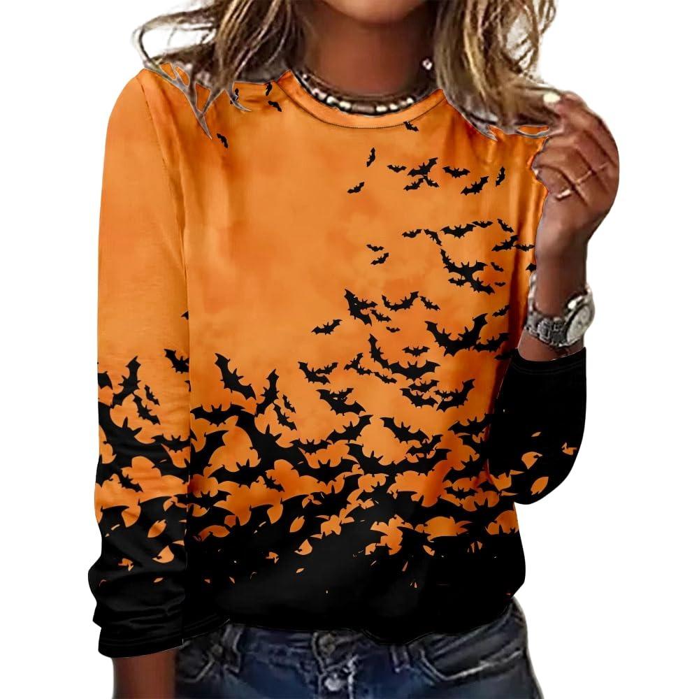 Women's Halloween 3D Printed Pumpkin Face Bat Long Sleeve Shirt Autumn Loose Casual Polyester Round Neck Fashion Casual Top