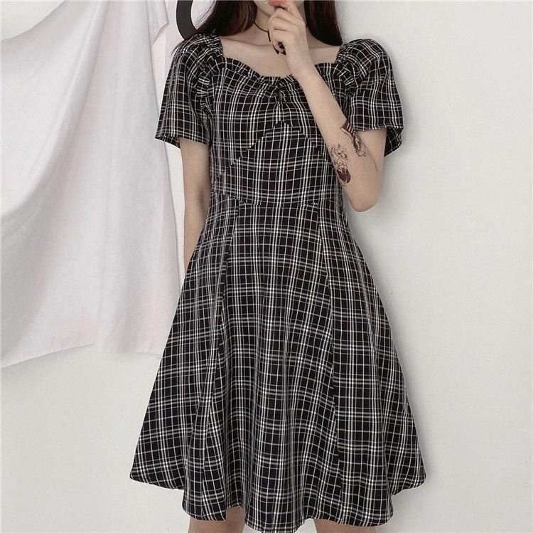 Kleider Frauen Kurzarm Schwarz Plaid Knielangen Hohe Taille A-linie Quadrat Kragen Mädchen Süße Harajuku Streetwear Sommer