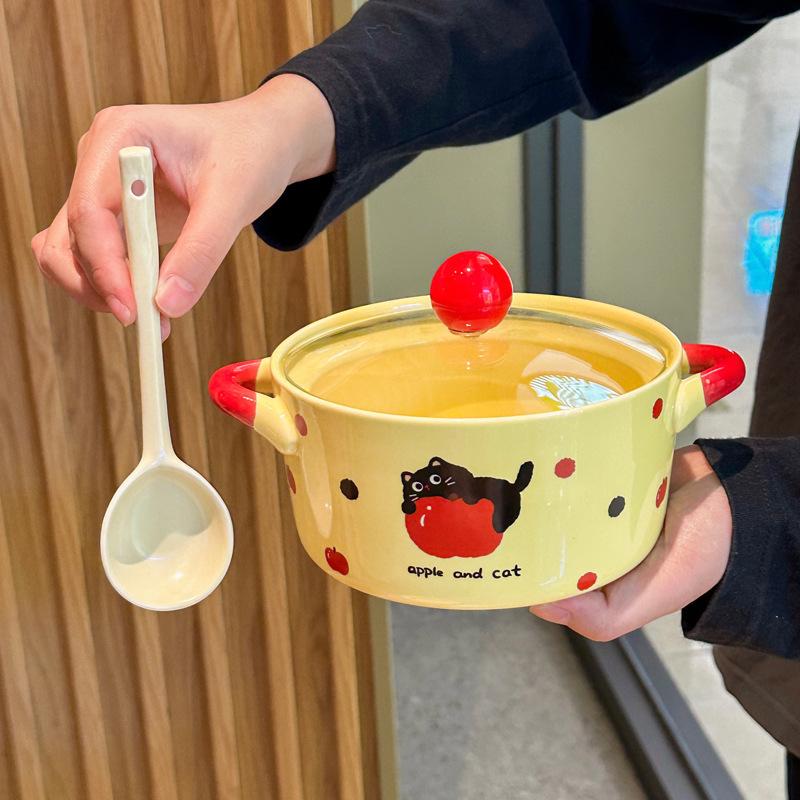 Cute Polka Dot Cat Instant Noodle Bowl Fruit Salad Dessert Bowl Student Dormitory Instant Noodle Bowl Girl Birthday Gift