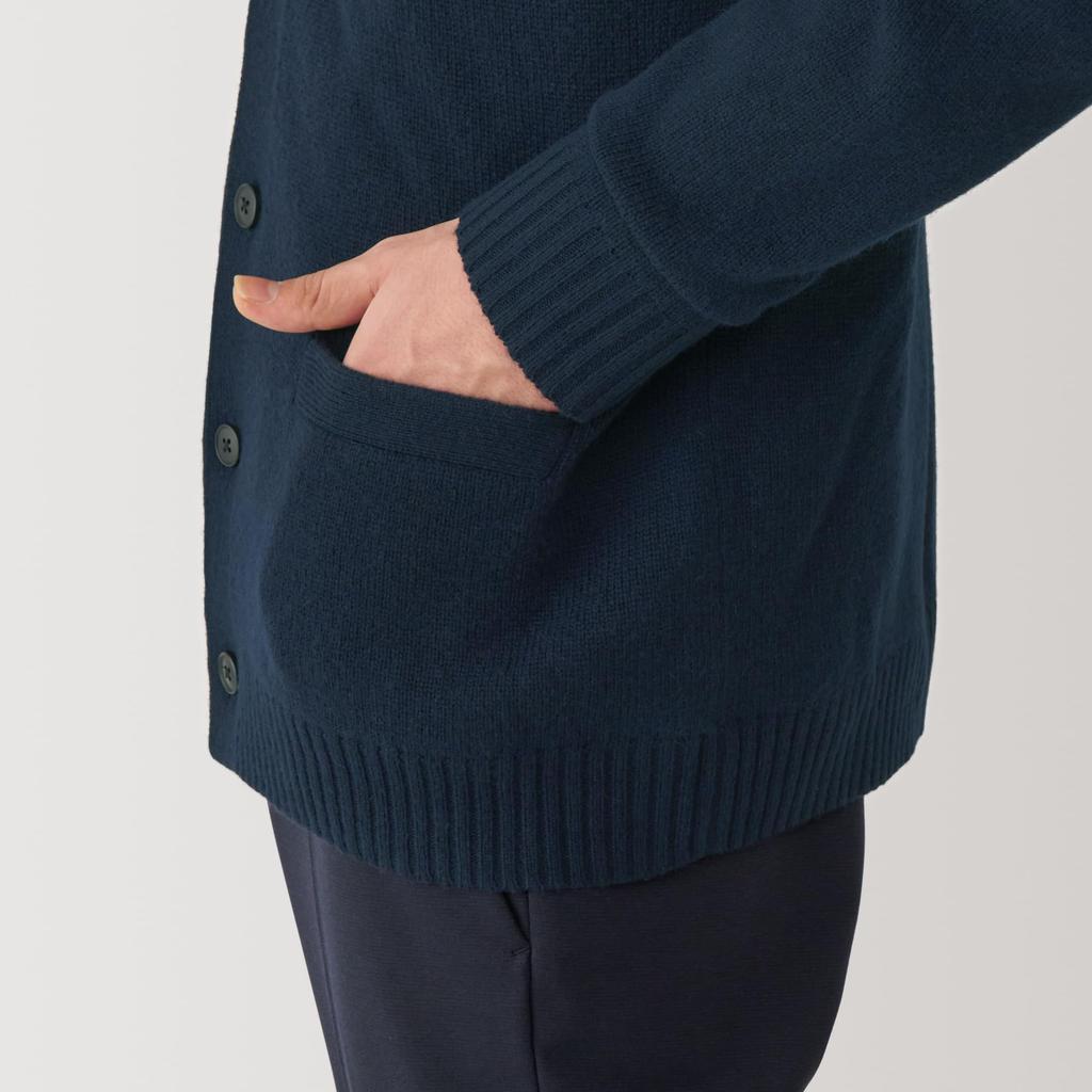 MUJI Men's Washable Wool Mid-Gauge V-Neck Cardigan, Dark Navy, Size AA0PHA4A, Size XS