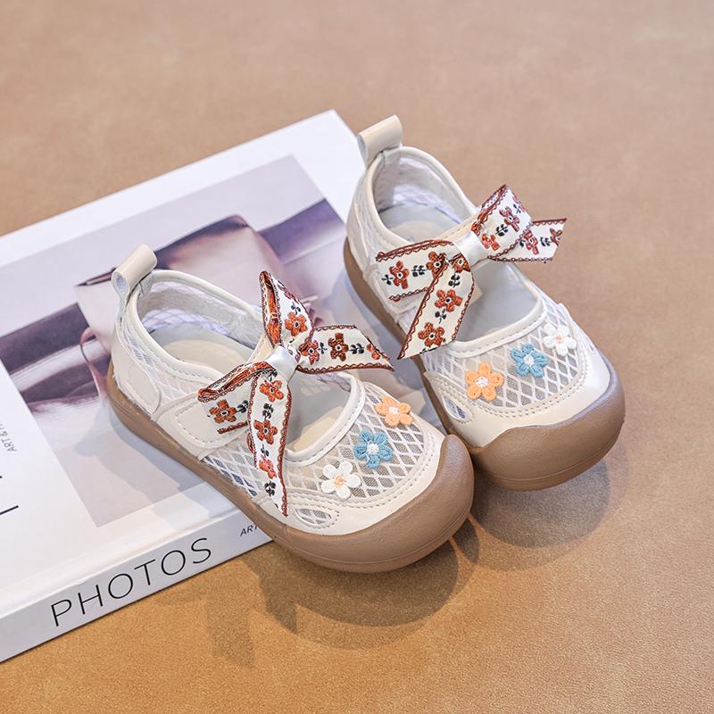 Summer Lolita Girls Sports Sandals Sweet Bow Children Embroidered Shoes School Mesh Breathable Kids Running Sneakers