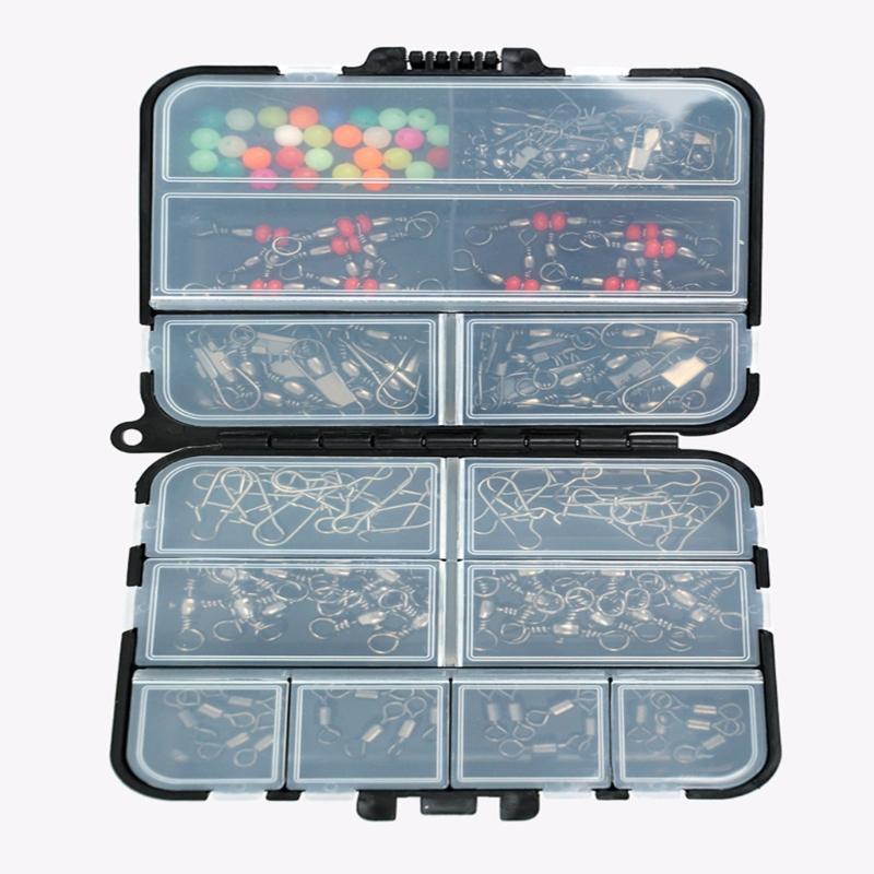 140Pcs/Set Fishing Swivels Snaps Set with Beads and Storage Box Barrels Swivels 3 Way Barrels Rolling Swivels Fishing Tackle