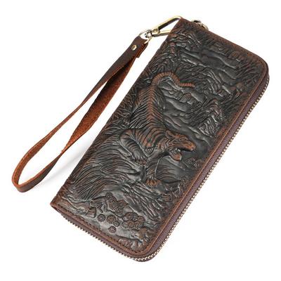 2025 Men's Crazy Horse Leather Long Wallet Genuine Cowhide Dragon Tiger Embossed Vintage RFID Blocking Wristlet Clutch Bag
