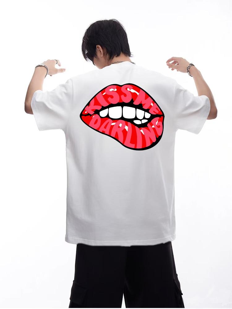 Unisex Summer Oversized Back Print T Shirt Red Lips Kiss Me Darling Letter Graphic Casual Streetwear Loose Short Sleeve Fashion Top