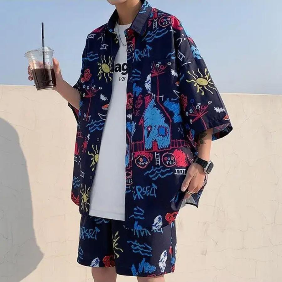 Summer Hawaiian Shirt Suit Loose Square Collar Short Sleeve Pocket Floral Shirts Shorts 2 Piece Set Vintage Hawaiian Beach Suits