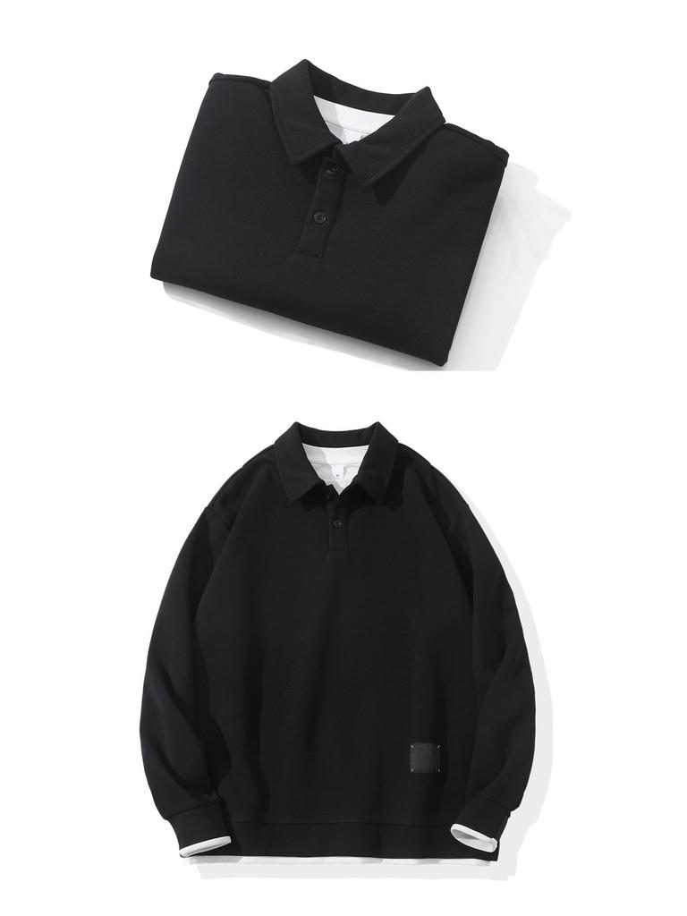 Men's Trendy Black Fake Two-Piece Lapel Hoodie Polo Shirt for Spring/Autumn