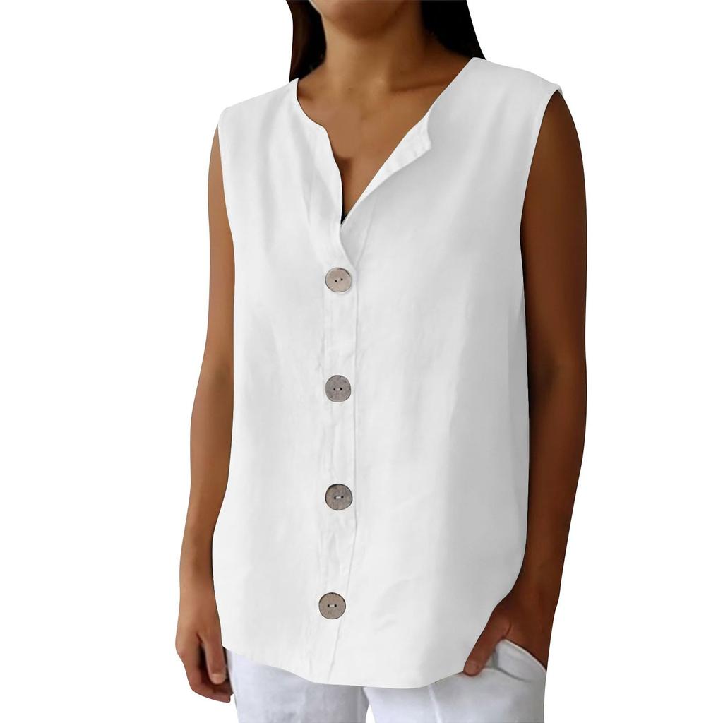 Women's Fashion Color Button Summer Loose V-neck Sleeveless Casual T-shirt Vest Top
