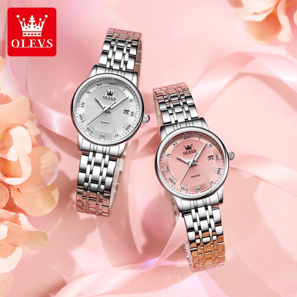 OLEVS Kvarts Klokker for Dame Ultratynn Solid Stållenke Elegant Mote Romersk Skala Auto Dato Vanntett Dameklokker