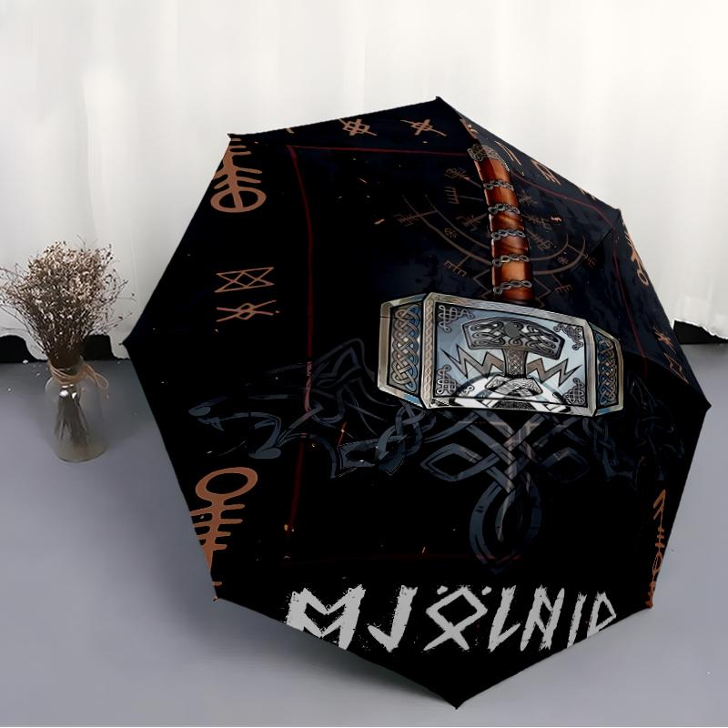 Valknut Print Automatic Umbrella, 8 Rib Iron Frame, Plastic Handle, Suitable for Outdoor Travel &Daily , Ideal Gift