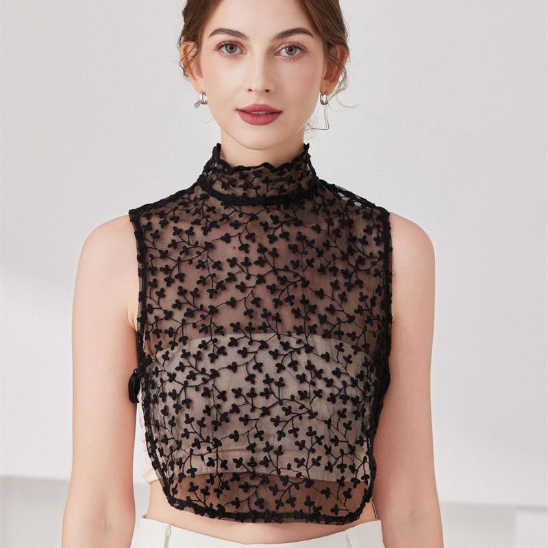 Sweater Decorative Lace Hollow Out Fake Collar Detachable Blouse Half Shirt For Women Girl Flower Ruffled Stand Collar Crop Tops