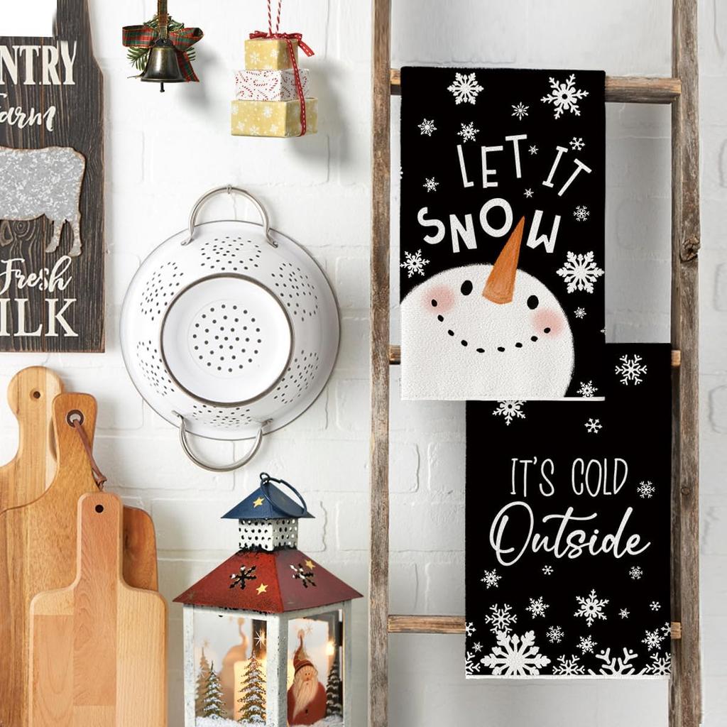 Artoid Mode Black Cute Snowman Hello Winter Kitchen Towels Dish Towels, 18x26 Inch Farmhouse Holiday Snowflake Decoration Cleaning Set of 4