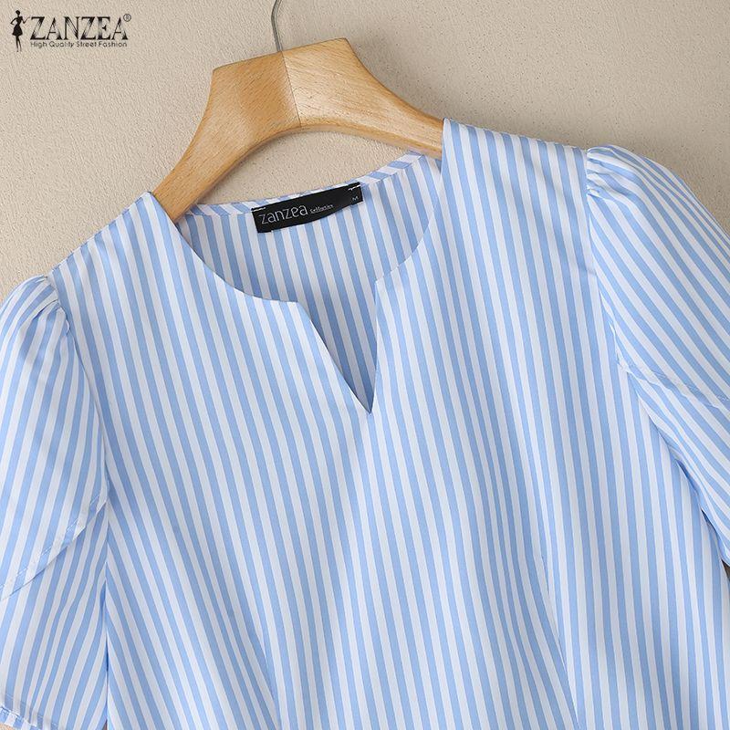 ZANZEA Women Casual V-Neck Loose Short Sleeve Stripe Blouse