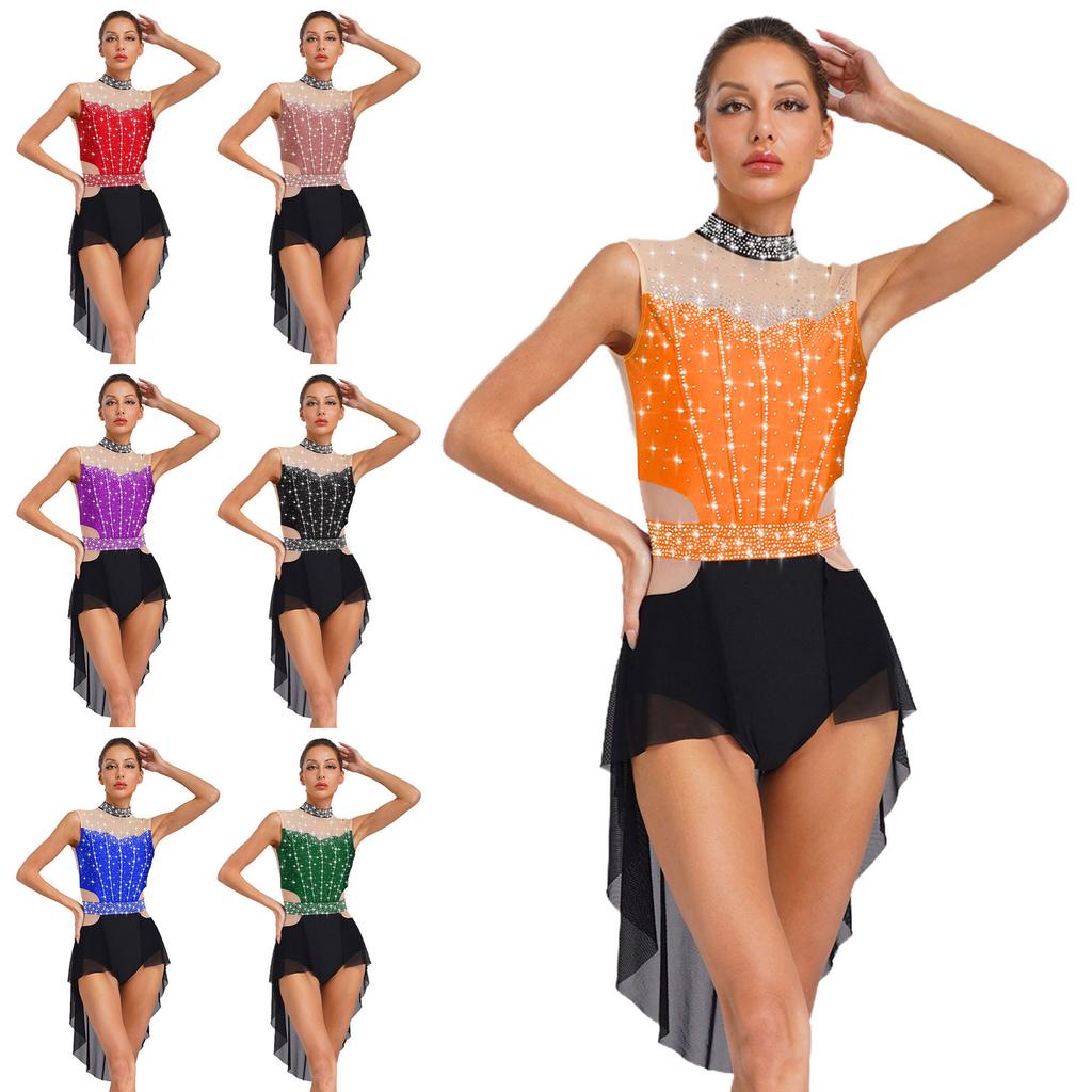 Women Lyrical Dance Dress Mock Neck Sleeveless Backless Shiny Rhinestones Color Block Mesh Skirted Leotard