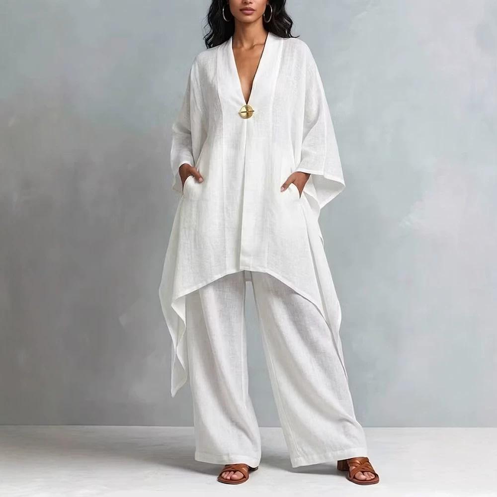 1116 spring and summer European and American women's clothing new cotton and linen irregular long-sleeved loose wide-leg pants two-piece set