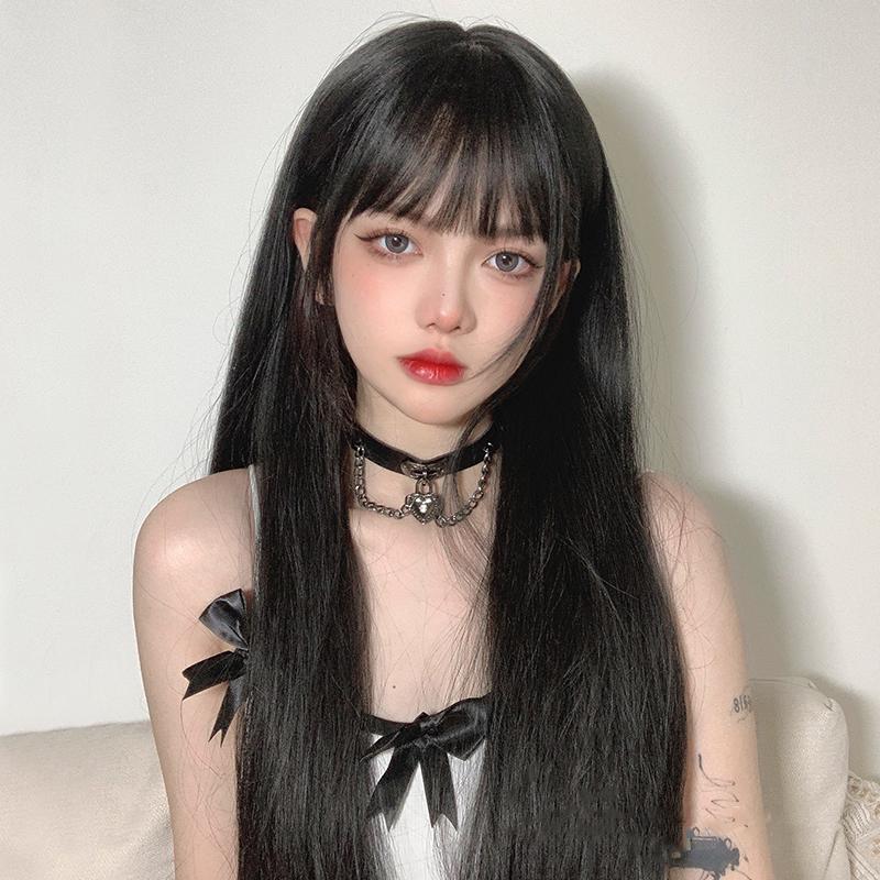 Bybrana Cosplay dlouhé rovné černé syntetické paruky s ofinou pro ženy afroamerická Lolita Daily Party tepelně odolné vlákno