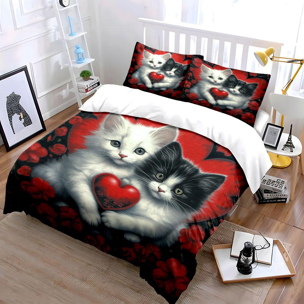 Romantic Red Heart Kitten Bedding Set,Black White Fluffy Cat Floral Valentine Print 1 Duvet Cover 2 Pillowcase For Couple Room