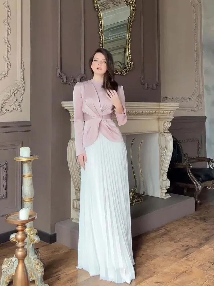 Women's Fashion Color Block Pleated Maxi Dress, Elegant Suit Long-Sleeved Dress