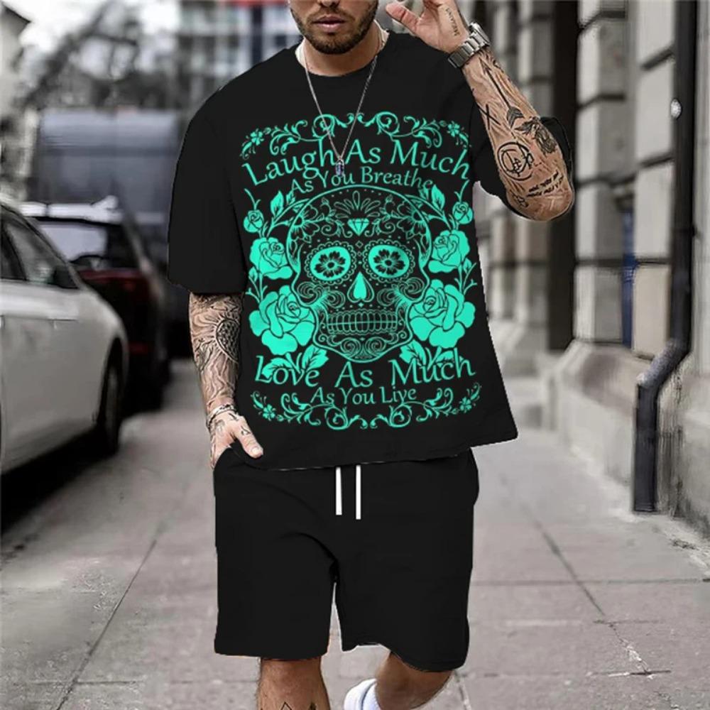Summer New Casual Men's Skull Print T-Shirt Set Fashion Streetwear Tees Loose Oversized Breathable Soft Short Sleeves And Shorts