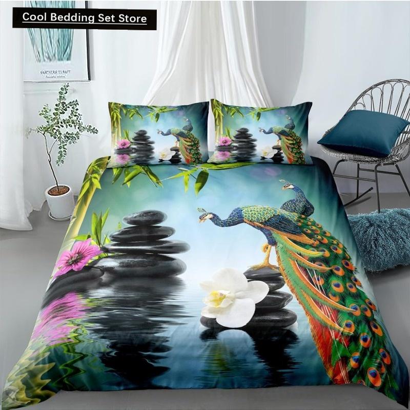 Pfau Bettbezug King Queen Größe Kolibri Libelle Bettwäscheset Blumen Vögel Bettdeckenbezug Floral Tiere Bettdeckenbezug