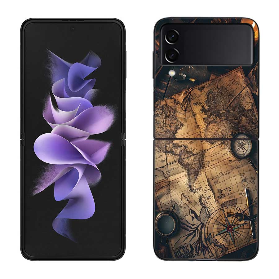 Compass Map Voyage Phone Case For Samsung Z Flip 7 6 5G Galaxy Z Flip 5 4 3 Black Hard Cell Cover Luxury PC Shell Coque