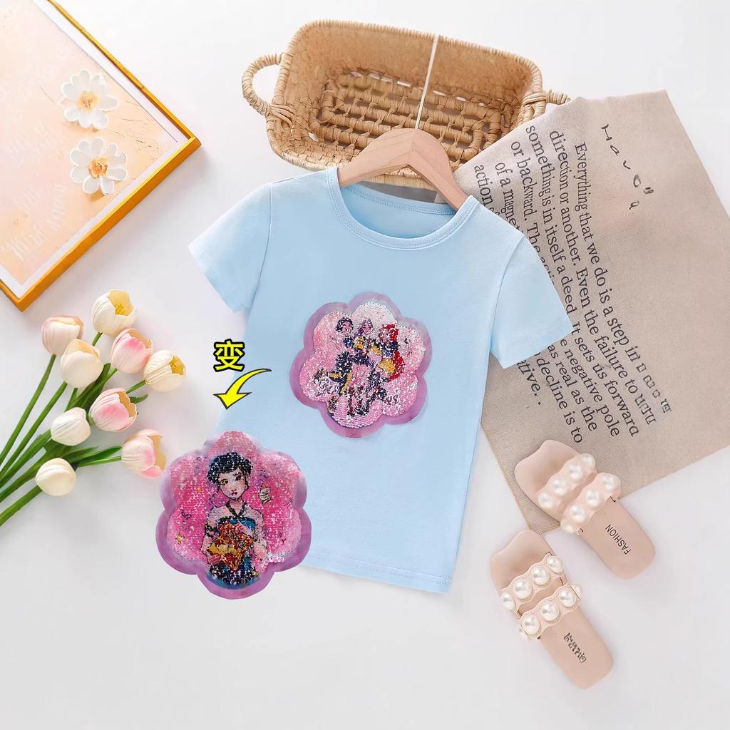 Little Witch Hunters T-Shirt Summer Kids Cartoon KPOP Sequins Shimmering Pattern T-Shirt