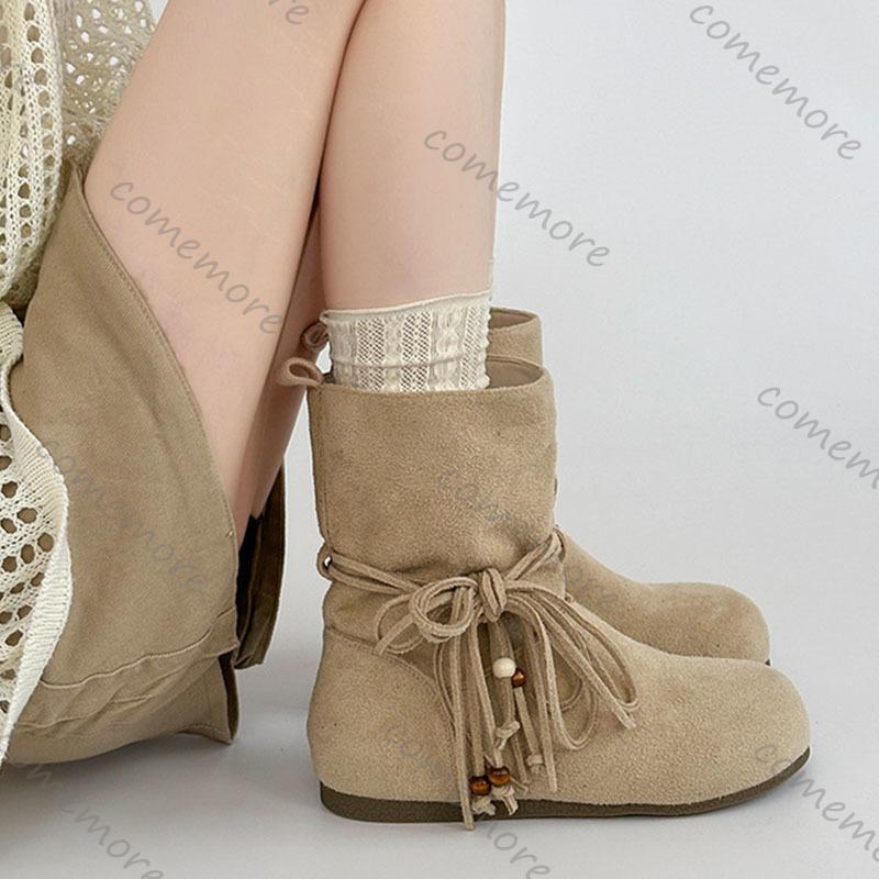 Fashion Comemore Fashion Tassel Bow Women Ankle Boots Autumn Winter Retro Style New Suede Temperament Shoes Casual Flat Short Botines