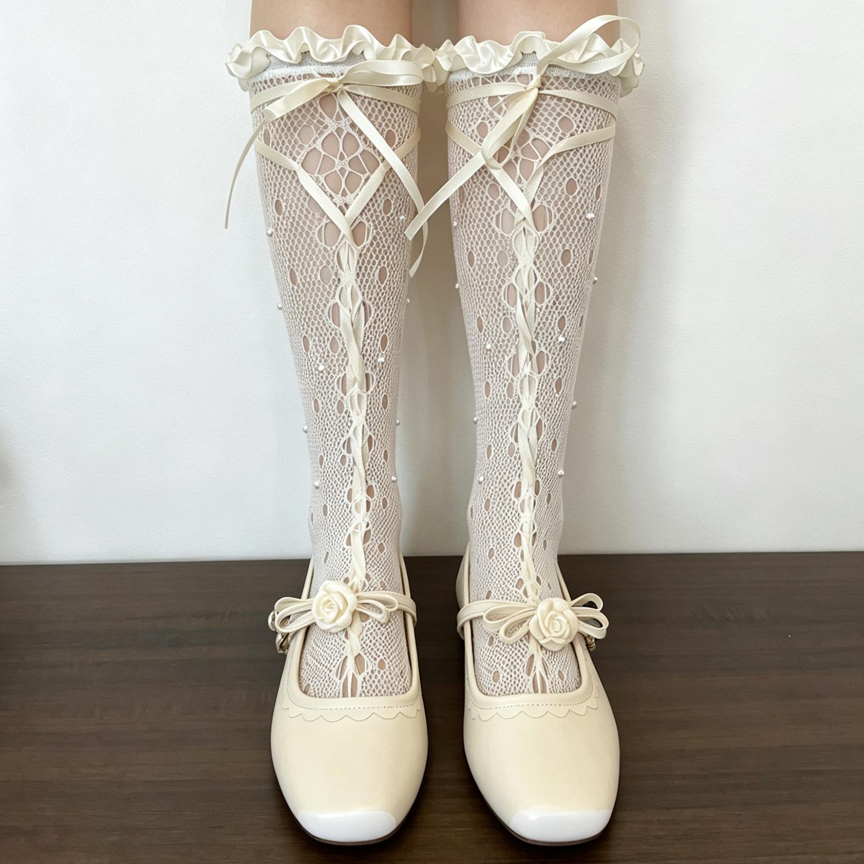 Süße Perlen-Ballett-Ausschnitt-Sommerstrümpfe Ins Koreanischer Stil Niedliche Damen-Wadenstrümpfe Tägliches Lolita-Kleid Kurze Netzstrümpfe One Size gray