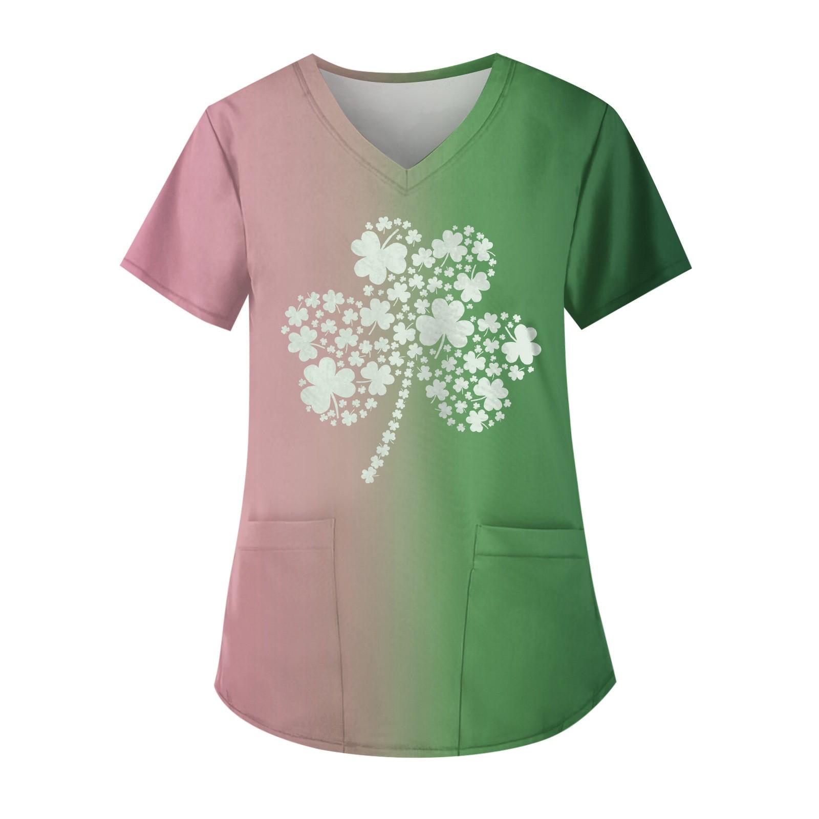 

Робоча уніформа з друкованим малюнком великого розміру Топи для жінок з V-подібним вирізом і короткими рукавами Веселі футболки Робочий одяг Футболка з кишенями XL білий