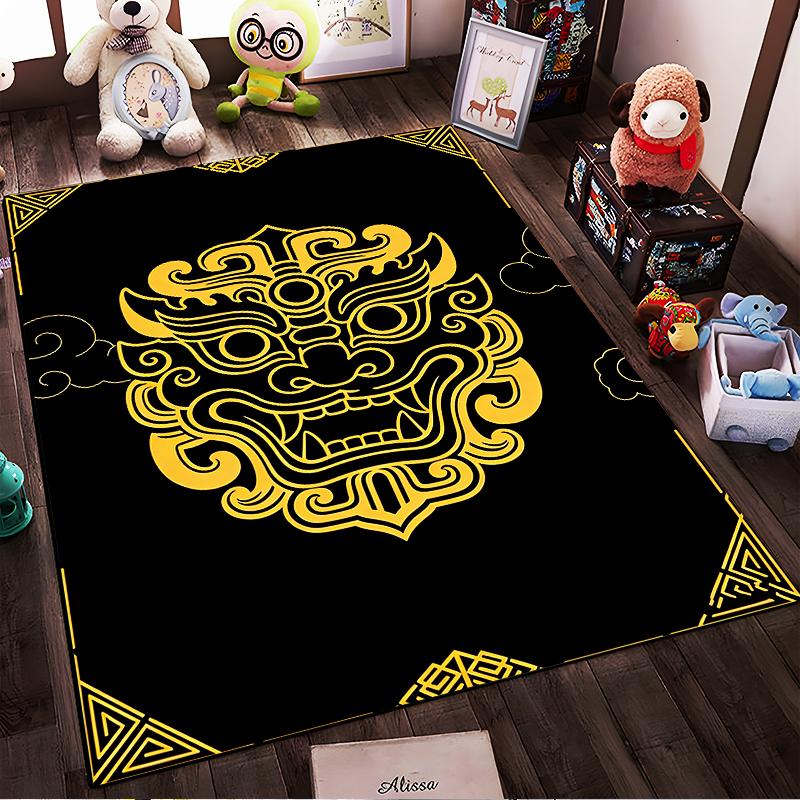 "Black Carpet with Golden Tribal Lion Head Design, Modern Home Decor" Suitable for Use As an Anti-slip for Living Room Bedroom Sofas