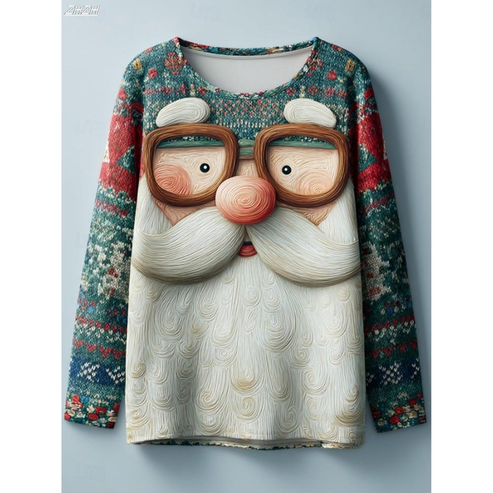 Women's Christmas Santa Long Sleeve T-Shirts, Festive Snowflake Print Top, Holiday Party Wear, Fall Winter Seasonal Style