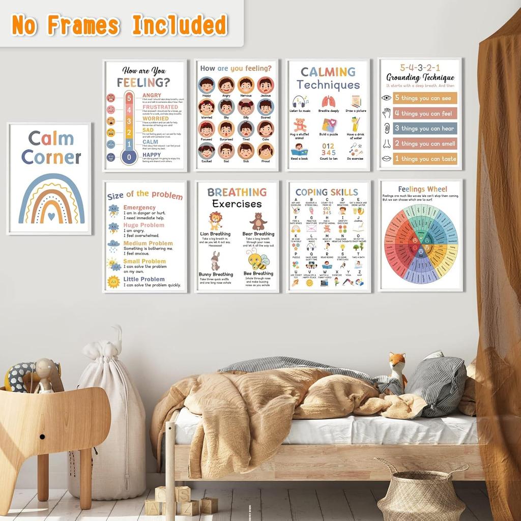 9 Calming Corner Posters Classroom, Calm Down Corner Feelings Chart for Kids, Mental Health Posters, Classroom Educational Poster Emotions Chart