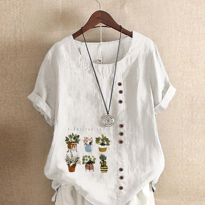 Damenmode Niedliches T-Shirt mit Blumentopfdruck Kurzarm Locker Baumwollhemd Lässig Locker Sommerbluse Oberteile Übergröße
